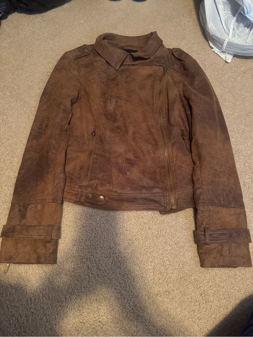 blanc noir Brown Suede Asymmetric Moto Jacket